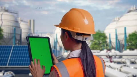 Female Engineer Working On A Green Screen Tablet at Energy Complex Stock Footage 330178813