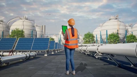 Female Engineer Working On A Green Screen Tablet at Energy Complex Stock Footage 330179990