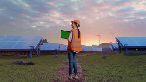 Female Engineer Working On A Green Screen Laptop at Energy Farm Stock Footage 331028714