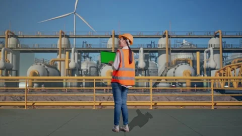 Female Engineer Working On A Green Screen Laptop at Energy Plant Stock Footage 331142200