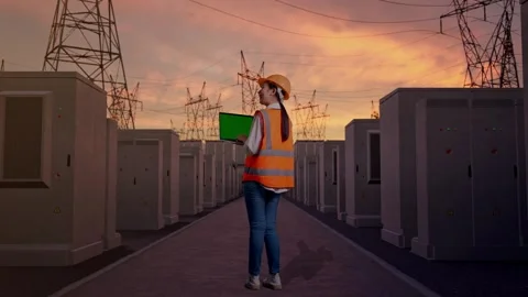 Female Engineer Working On A Green Screen Laptop with High Voltage Power Stock Footage 331287370