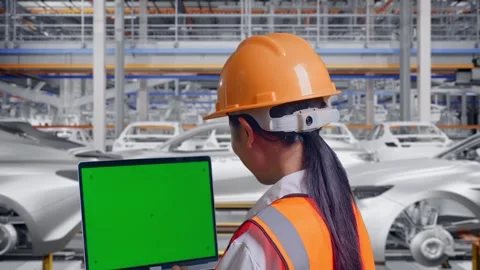 Female Engineer Working On A Green Screen Laptop In Car Factory Stock Footage 331632910