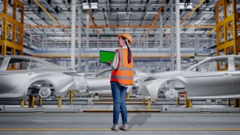 Female Engineer Working On A Green Screen Laptop In Car Factory Stock Footage 331633669