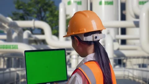 Female Engineer Working On A Green Screen Laptop at Biodiesel plant Stock Footage 332117039
