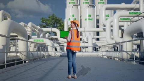 Female Engineer Working On A Green Screen Laptop at Biodiesel plant Stock Footage 332117479