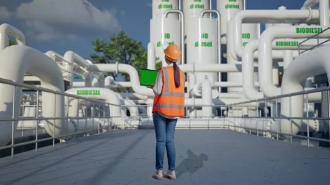 Female Engineer Working On A Green Screen Laptop at Biodiesel plant Stock Footage 332117486
