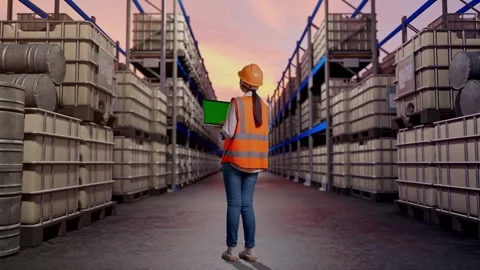 Female Engineer Working On A Green Screen Laptop at Fuel Warehouse Stock Footage 332158865