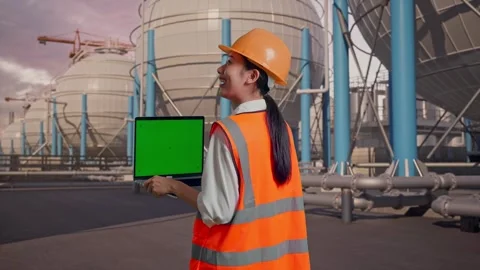 Female Engineer Working On A Green Screen Laptop with Spherical Tank Stock Footage 335068703