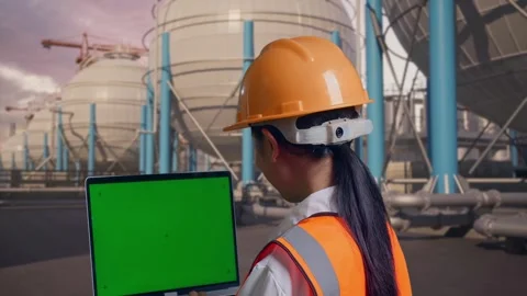 Female Engineer Working On A Green Screen Laptop with Spherical Tank Stock Footage 335069307
