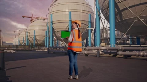 Female Engineer Working On A Green Screen Laptop with Spherical Tank Stock Footage 335070246