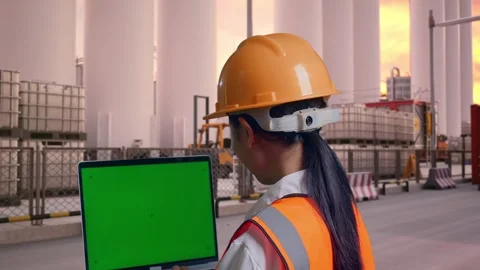 Female Engineer Working On A Green Screen Laptop at Storage Facility Stock Footage 337755105