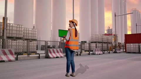 Female Engineer Working On A Green Screen Laptop at Storage Facility Stock Footage 337755693