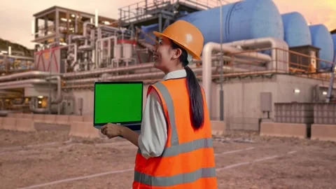 Female Engineer Working On A Green Screen Laptop at Gas Plant Stock Footage 337762910
