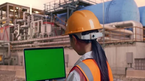 Female Engineer Working On A Green Screen Laptop at Gas Plant Stock Footage 337764018