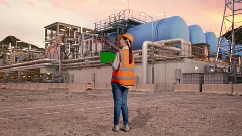 Female Engineer Working On A Green Screen Laptop at Gas Plant Stock Footage 337764685