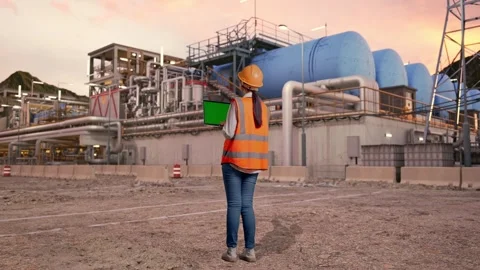 Female Engineer Working On A Green Screen Laptop at Gas Plant Stock Footage 337764711