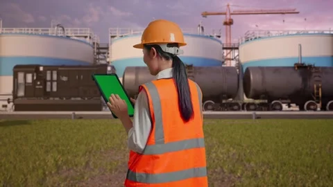 Female Engineer Working On A Green Screen Tablet at Oil Refinery Stock Footage 340143499