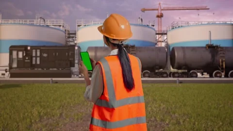 Female Engineer Working On A Green Screen Smartphone at Oil Refinery Stock Footage 340143510