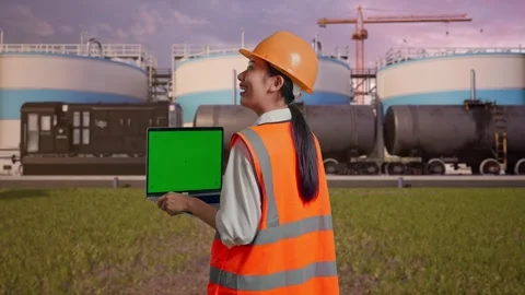 Female Engineer Working On A Green Screen Laptop at Oil Refinery Stock Footage 340143523