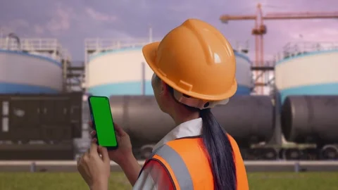 Female Engineer Working On A Green Screen Smartphone at Oil Refinery Stock Footage 340144352
