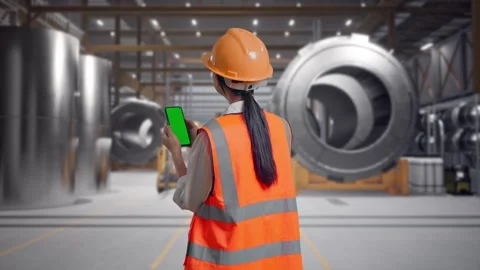 Female Engineer Working On A Green Screen Smartphone at Heavy Factory Stock Footage 340824540