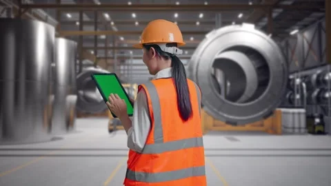 Female Engineer Working On A Green Screen Tablet at Heavy Factory Stock Footage 340824544
