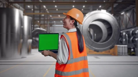 Female Engineer Working On A Green Screen Laptop at Heavy Factory Stock Footage 340824568