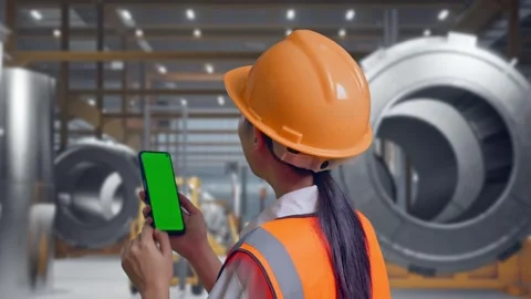 Female Engineer Working On A Green Screen Smartphone at Heavy Factory Stock Footage 340825544