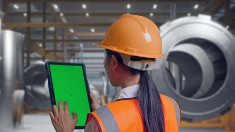 Female Engineer Working On A Green Screen Tablet at Heavy Factory Stock Footage 340825573