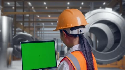 Female Engineer Working On A Green Screen Laptop at Heavy Factory Stock Footage 340825593