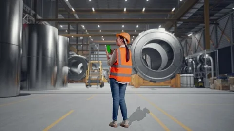 Female Engineer Working On A Green Screen Smartphone at Heavy Factory Stock Footage 340826361