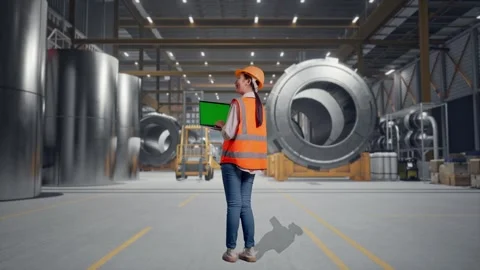 Female Engineer Working On A Green Screen Laptop at Heavy Factory Stock Footage 340826383