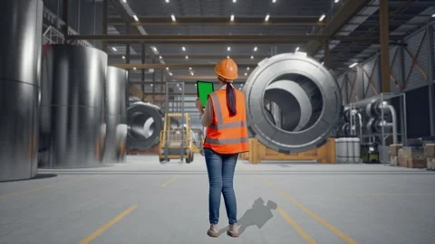 Female Engineer Working On A Green Screen Tablet at Heavy Factory Stock Footage 340826391
