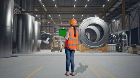 Female Engineer Working On A Green Screen Laptop at Heavy Factory Stock Footage 340826400