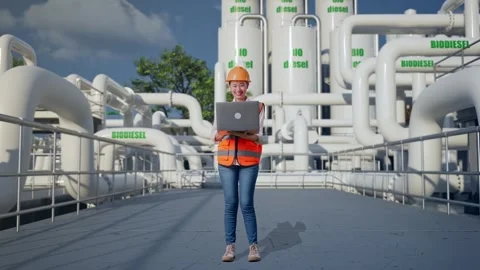 Female Engineer Working On A Laptop at Biodiesel plant Stock Footage 332117316