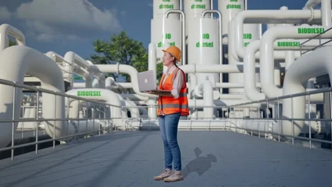 Female Engineer Working On A Laptop at Biodiesel plant Stock Footage 332117433