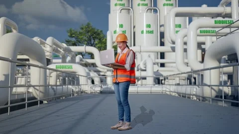Female Engineer Working On A Laptop at Biodiesel plant Stock Footage 332117437