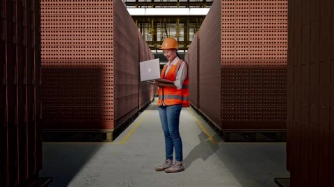 Female Engineer Working On A Laptop With Brick In Stacks Stock Footage 303763476