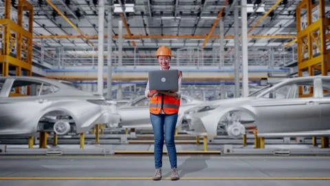Female Engineer Working On A Laptop In Car Factory Stock Footage 331633300