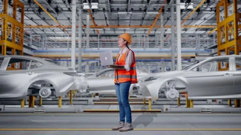 Female Engineer Working On A Laptop In Car Factory Stock Footage 331633607
