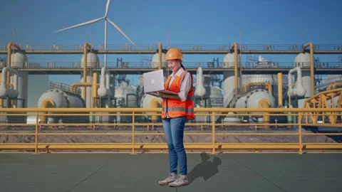 Female Engineer Working On A Laptop at Energy Plant Stock Footage 331142005