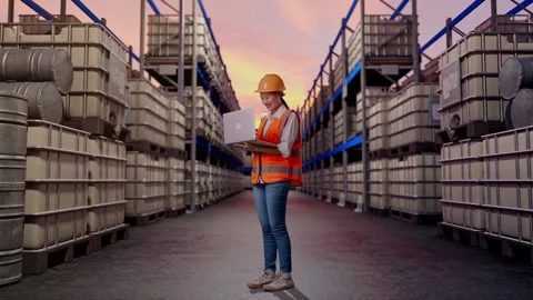 Female Engineer Working On A Laptop at Fuel Warehouse Stock Footage 332158229