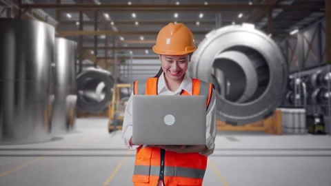 Female Engineer Working On A Laptop at Heavy Factory Stock Footage 340823631