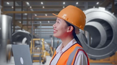 Female Engineer Working On A Laptop at Heavy Factory Stock Footage 340825405