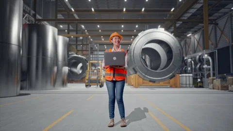 Female Engineer Working On A Laptop at Heavy Factory Stock Footage 340826150