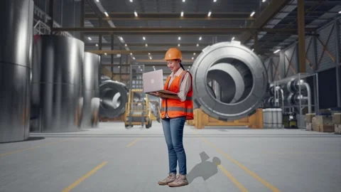 Female Engineer Working On A Laptop at Heavy Factory Stock Footage 340826300