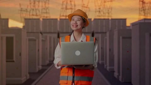 Female Engineer Working On A Laptop with High Voltage Power Stock Footage 331285522