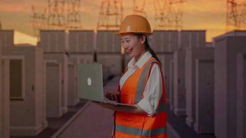 Female Engineer Working On A Laptop with High Voltage Power Stock Footage 331285665