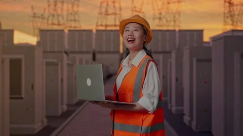 Female Engineer Working On A Laptop with High Voltage Power Stock Footage 331285709