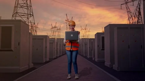 Female Engineer Working On A Laptop with High Voltage Power Stock Footage 331286955
